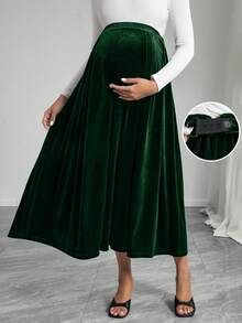 SHEIN 纯色丝绒半身裙，优雅孕妇休闲半身裙 - 綠色 - 查看 4