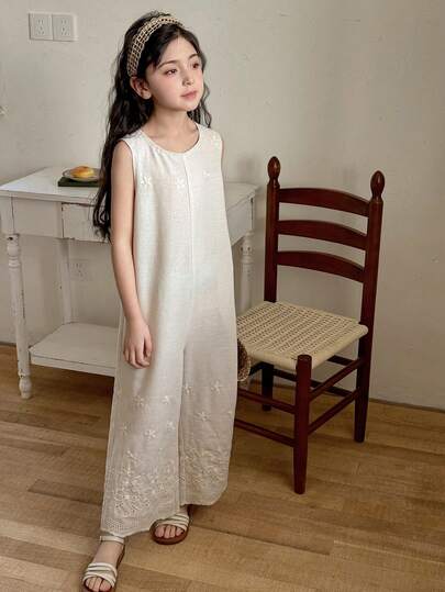 Dazy Kids Dziewczęcy kombinezon z haftem kwiatowym, swobodny, codzienny, wakacyjny