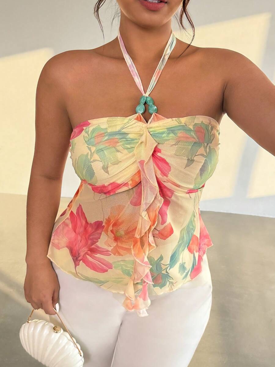 Firerie Camiseta sin mangas con cuello halter, estampado floral y parches, con volantes, para mujer de talla grande - Multicolor - Ver 1