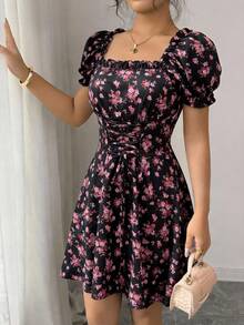 Rafferiza 女士碎花方领泡泡袖荷叶边腰部抽绳连衣裙 - 彩色 - 查看 5