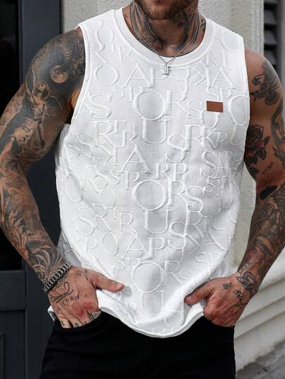 Manfinity CasualCool Plus Size Men's Casual Fashion Street Chic Letter Embossed Decorative Tank Top, Summer,Men Old Money,Daily Leisure, Weekend Trips, Outdoor Activities, Travel Expeditions, Relaxed Work Environments Or Semi-Formal Occasions, Boyfriend/Husband Gift, Anniversary /Birthday Gift Party Summer Vacation Holiday,Wedding,Spring To Summer,Easter,Men's White Embossed Letter Muscle Tank Top Fashion Slim Fit Sleeveless Crew Neck Tank Top For Summer,White Graphic Tank Top Men,Men Sleeveless Graphic Tee,White Printed Tank Tops Men