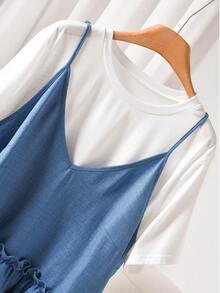 CosyJoli Plus Size Women Summer 2pcs Set,Blue And White Smart Casual School White T-Shirt And Multi-Layer Ruffle Hem Camisole,Loose Dropped Shoulder Tops - Blue and White - View 3