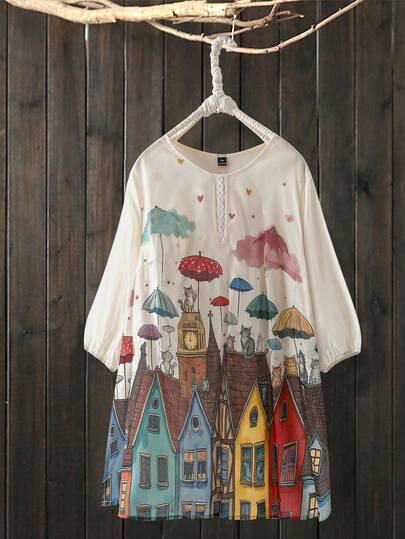 Linhara CURVE Plus Size Women Floral Print Casual/Work Versatile Blouse, Suitable For Spring/Summer