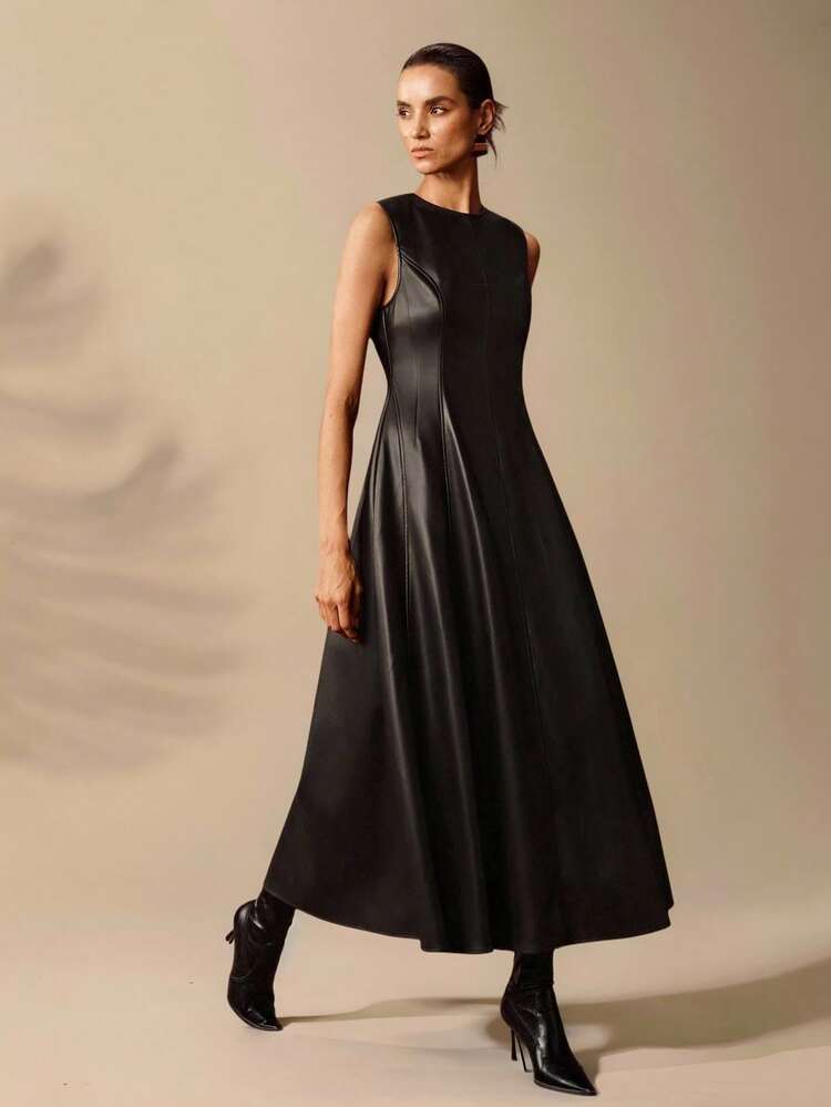 Anewsta Black Round Neck Sleeveless Fitted Long Dress, Suitable For Valentine's Day, Spring To Summer