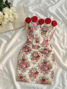 SHEIN MOD Đầm ngắn cúp ngực họa tiết hoa dành cho nữ với trang trí hoa 3D. - Nhiều màu - Xem 2