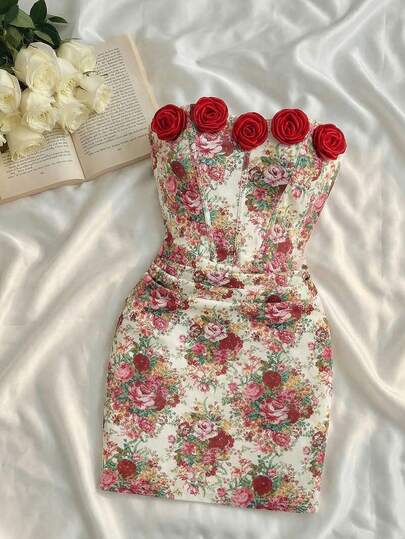 SHEIN MOD Women's Floral Pattern Strapless Mini Dress With 3D Flower Decor, Valentine's Day, Retro, Vintage, Date, Red Dress, Wedding Guest Dress, Prom Dress, Birthday Dress, Elegant Dress ,Terrace Chill, Tube Top Dress, Floral Dresses For Women, Formal Dress, Princess Style, Festive Wear, Perfect For Vacation, Date, Picnic, Party, Prom, Festival, And Birthday, Romantic Dress