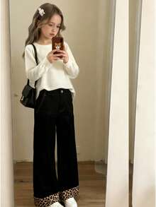 Tween Girls' Jeans With Leopard Print Patchwork Design, Black & Gray, Loose Fit Casual Denim Pants - Black - View 3