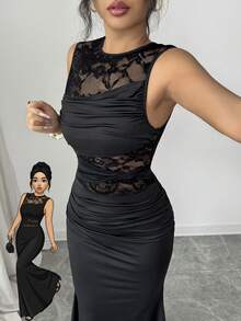 Rafferiza Vestido elegante y sexy de cola de pez con cuello redondo, parche de encaje y volantes en el bajo para mujeres - Negro - Ver 2