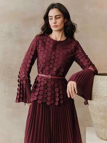 Anewsta Women's Elegant Water-Soluble Lace Circular Pleated Flared Dress - Burgundy - View 5