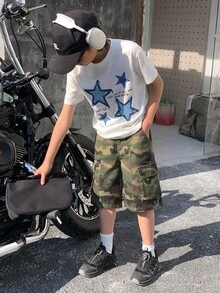 SHEIN Little Byeori 青少年男孩時尚返校街頭風休閒混搭百搭設計復古Y2K舒適迷彩圖案設計多口袋深綠色寬鬆牛仔短褲兒童男孩柔軟日常穿著夏季電音節與海灘 - 軍綠色 - 查看 7