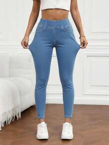 Flexra Women's High Waist Solid Color Comfortable Breathable Elastic Waist Jeans - Blue - View 4