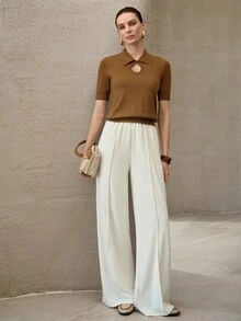 MOTF PREMIUM WOMEN'S NEW KNITTED DRAWSTRING WAIST SIDE SLIT WIDE LEG BREATHABLE COMFORTABLE PANTS, SPRING/SUMMER - Apricot - View 3