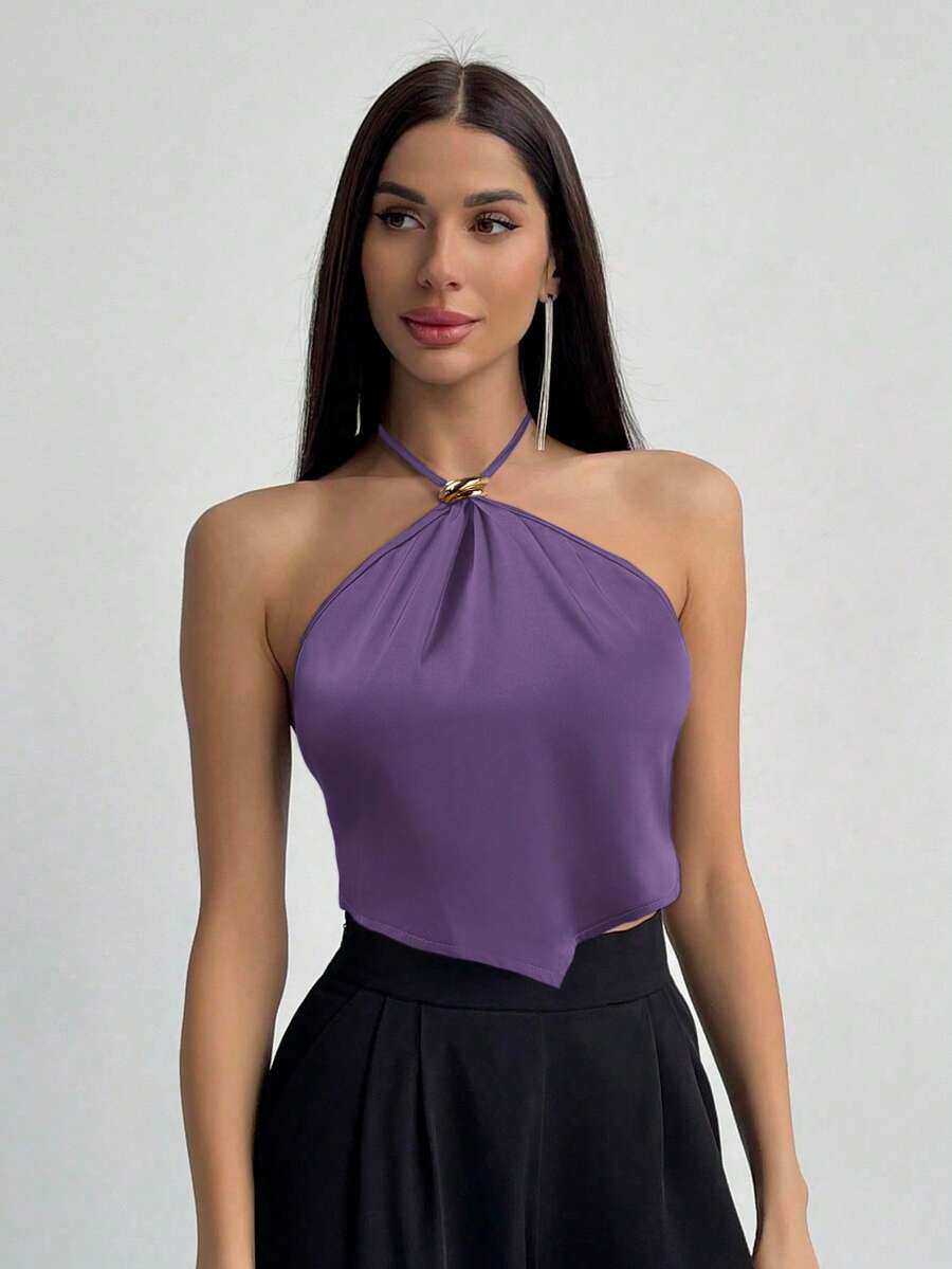 Aloruh Asymmetrical Hem Halter Women Tank Top - Purple - View 1