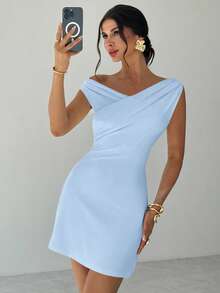 Firerie Women's Elegant Minimalist Chic Fashion Sexy Daily Commute Music Festival Vacation Asymmetric Neck Draped White A-Line Mini Dress, Spring/Summer - Baby Blue - View 2