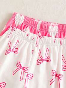 2pcs/Set Girls' Cute Bow & Heart Print Short Sleeve Pajama Set, Home Clothes