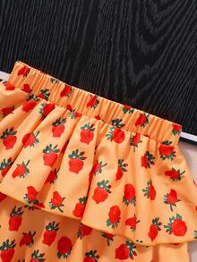Girls Cute Lantern & Girl Print T-Shirt With Burgundy Rose Cake Skirt Set, Summer - Yellow - View 6
