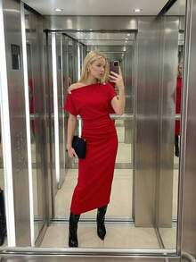 Maija Red Asymmetric-Shoulder Bodycon Dress, Elegant & Fitted, Romantic For Valentine's Day