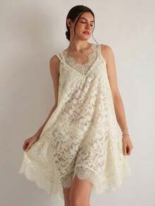 Freevana Plus Size Lace Patchwork Sheer Elegant Sleeveless Dress, Summer Dresses - Apricot - View 7
