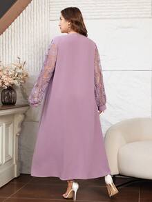Lacomfia Plus Size Women Lace Patchwork Long Sleeve Loose Casual Dress - Pink - View 2