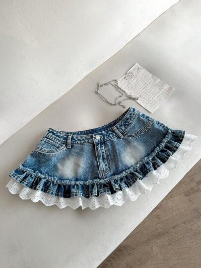 Elamini Women's Denim Skirt With Pockets And Ruffle Hem