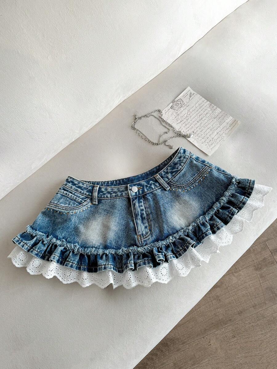 Elamini 女士牛仔裙，带口袋和荷叶边裙摆 - 黑色 - 查看 1