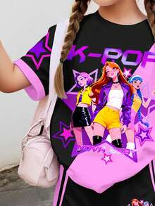 女童卡通字母印花圆领短袖T恤和短裤休闲夏季套装，适合日常穿着、户外野餐、街头风、居家、上学等场合。 - 彩色 - 查看 4