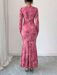 SHEIN Elenzya Đầm midi đuôi cá thanh lịch thắt eo, cổ thiên nga, in họa tiết hoa dành cho nữ, thích hợp cho các bữa tiệc và sự kiện. - Nhiều màu - Xem 2