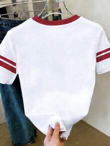 Resyla Plus Size Embroidered Heart Contrast Trim Round Neck Short Sleeve Casual T-Shirt - White - View 2