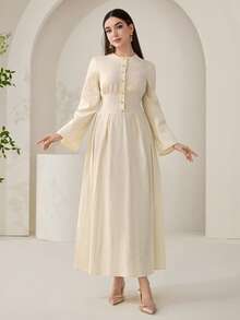 Veilorie Đầm dài tay cổ tròn cài cúc màu trơn thanh lịch dành cho nữ - Màu be - Xem 4