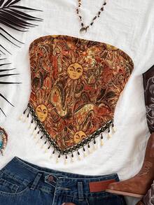 Soleia Atasan Bandeau Rajut Motif Matahari Patchwork Manik-manik Rantai untuk Liburan Wanita Ukuran Plus, Cocok untuk Pesta Natal, Kencan, Klub Malam, Pantai, Pelayaran, Liburan, Minum Teh Sore, Gaya Bohemian, Boho, Liburan, Pakaian Wanita Musim Gugur, Vintage - Jeruk - View 5