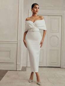 Anewsta فستان ضيق مناسب للخصر بياقة على الكتف وياقة على شكل حرف V للنساء - أبيض - مشاهدة 2