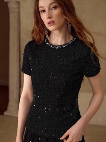 MOTF PREMIUM WOMEN'S TEXTURED KNIT JACQUARD FABRIC ROUND NECK EMBELLISHED ELASTIC T-SHIRT, SPRING/SUMMER - Black - View 4