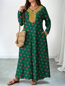 Lacomfia Abito lungo a maniche lunghe con scollo a V, stampa floreale e vegetale, con tasche e orlo a campana, per primavera/estate, taglie comode - Multicolore - Visualizzare 3