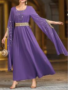 Layrah Túnica larga turca de cuello redondo, bordada a mano con cuentas y adornos de strass, color púrpura - Morado - Ver 3