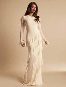 SHEIN BAE Cream White,Autumn,Elegant,Formal Women's High Neck Bodycon Ruffle Hem Long Sleeve Midi Dress,Suitable For Cocktail Party,Bridesmaid & Date - Apricot - View 1