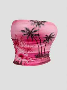 Sweetra Women's Summer Beach Coconut Tree & Hibiscus Flower Cropped Tube Top, Y2K Style Vacation & Beach - Multicolor - View 1