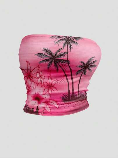 Sweetra Women's Summer Beach Coconut Tree & Hibiscus Flower Cropped Tube Top, Y2K Style Vacation & Beach