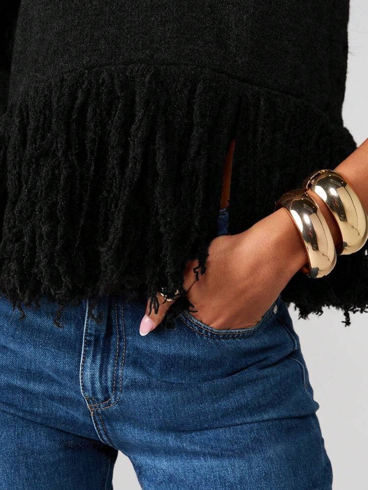 MISSGUIDED Oversized Chunky Knit Sweater With Fringe Hem Detail Round Neck Three Quarter Sleeve Pullover Jumper For Fall Winter