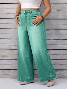 EMERY ROSE Plus Size Women Loose Casual Denim Wide Leg Jeans With Button Front Pockets - Green - View 9