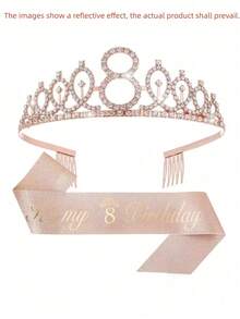 Sparkling Rhinestone Crystal Crown Tiara With Happy Birthday Satin Sash 2PCS Set For Girls 3rd 4th 5th 6th 7th 8th 9th Years Old Birthday Party Decorations, Princess Anniversary Celebration Supplies For Christmas​ - Rose Gold - View 15