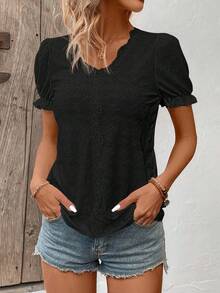 EMERY ROSE Summer Casual Solid Color Textured Lace Trim T-Shirt - Black - View 4