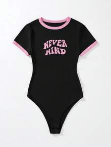 Comfortcana 大码女式休闲日常通勤时尚街头字母印花撞色包边短袖连体衣 - 彩色 - 查看 7