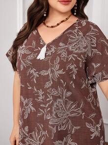 Al Najma Plus Size Short Sleeve Printed Fringe Long Casual Turkish Maxi Dress, Arabic Traditional Style - Coffee Brown - View 4