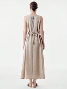 Aalyst Women's Spring/Summer Casual Elegant Linen-Look Sleeveless Belted Dress With Embroidery, Suitable For Outings, Dates, New Year, Valentine's Day, Easter, Mother's Day, Middle Eastern Weddings, Commuting, Romantic Vacations, Khaki With Pockets - Khaki - View 2