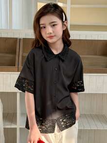 Dazy Kids Tween Girl Contrast Lace Short Sleeve Single-Breasted Casual Shirt - Black - View 2