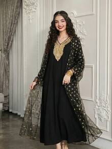 Conjunto de vestido y chaqueta tradicional para adolescentes con diseño floral negro y dorado, chaqueta de malla con lazo y estilo árabe - Negro - Ver 2