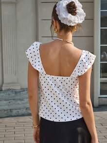 Cévolie Black Polka Dot V-Neck Bowknot Cap Sleeve Top Polka Dot Top - White - View 2