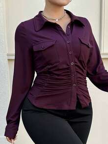 Dazy Plus 弹力修身翻领性感开襟短款衬衫式长袖T恤，春秋季 - 中紫紅色 - 查看 5