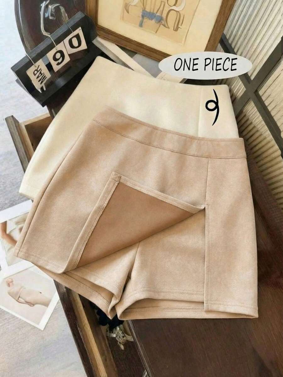 SHEIN Franclia 米色夏季休閒約會度假韓風女款高腰不對稱麂皮短褲/短裙,防走光開衩迷你裙,商務穿搭 - 杏色 - 查看 1