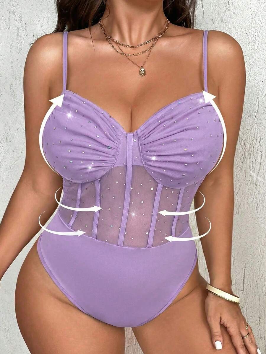 NU&NOW 大码女式纯色水钻装饰性感百搭连体衣 - 淡紫色 - 查看 1